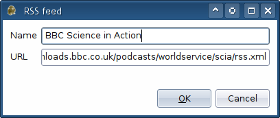 The desktop RSS feed dialog with the fields Name and URL