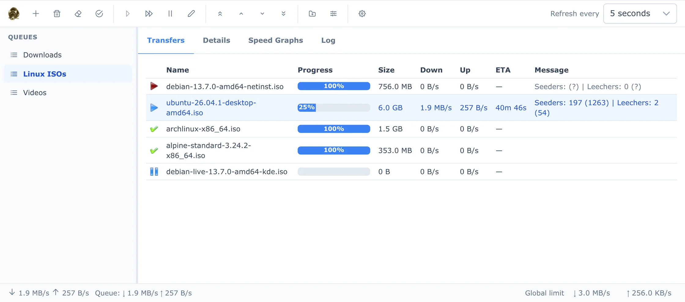 The web interface: the toolbar at the top, the Queues list on the left, and the Transfers tab with the transfers of the selected queue