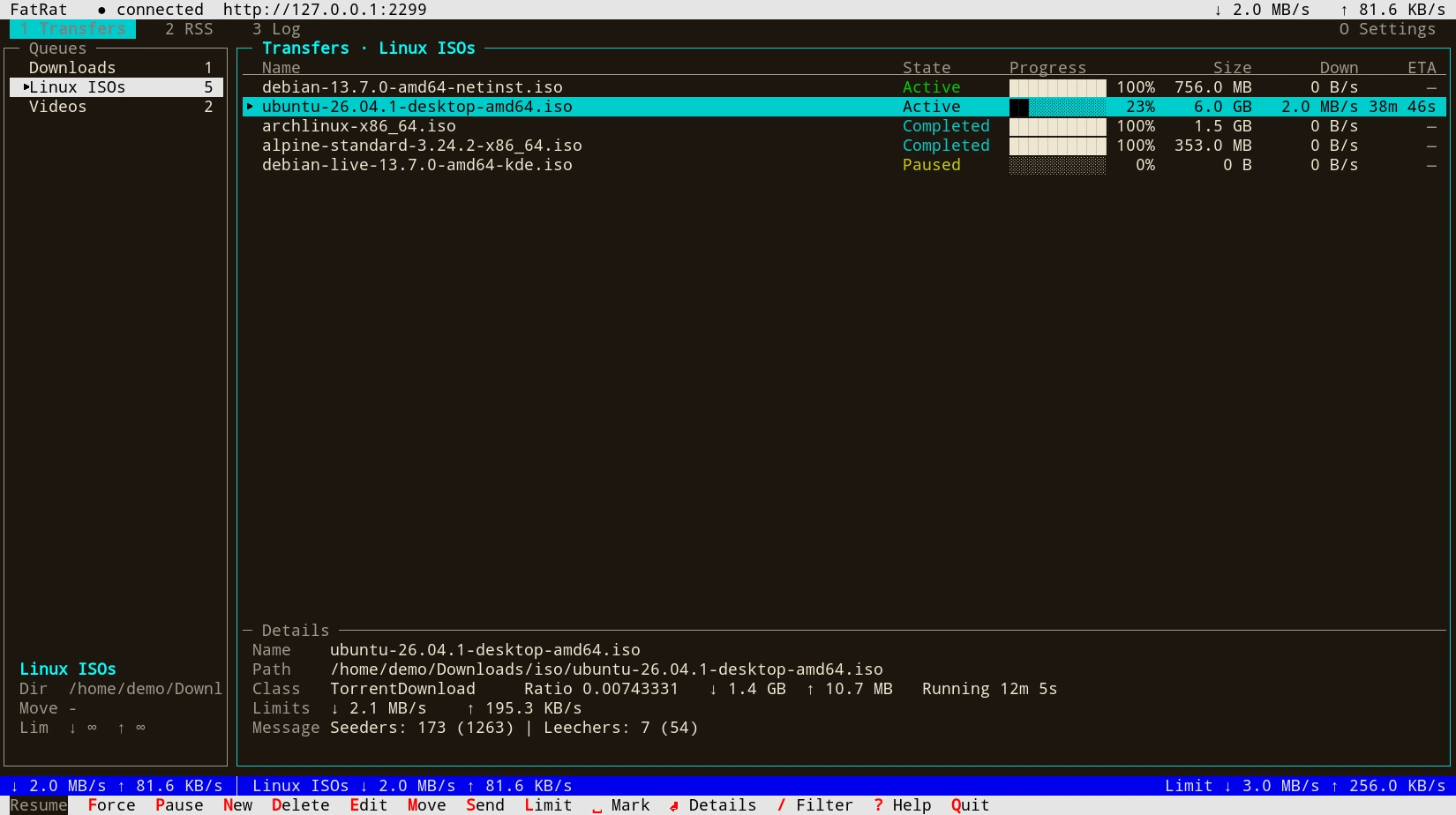 fatrat-tui running in a terminal